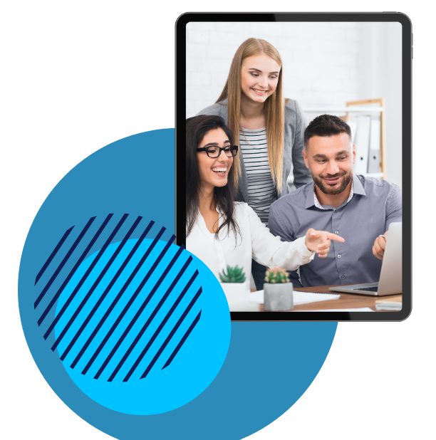 Team collaborating on laptop in office, displayed on tablet